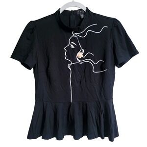 Gracia Black Peplum Top Embroidered Woman Face 3D Flower Mock Neck Size Small